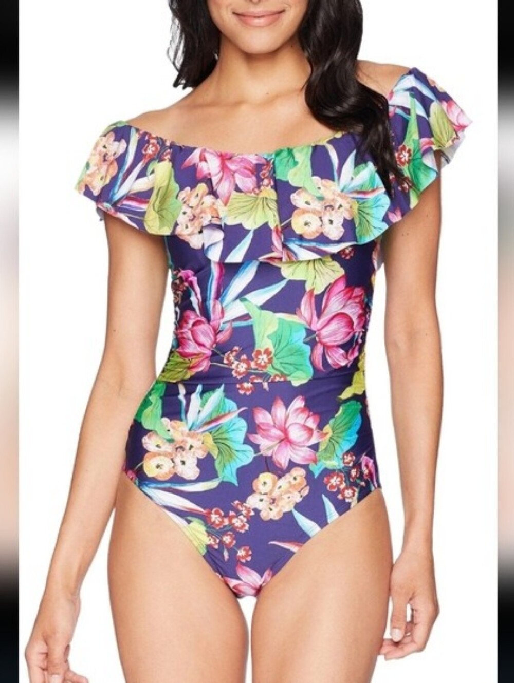 La Blanca Navy Floral Off-Shoulder Swimsuit with Pink & Green Blooms